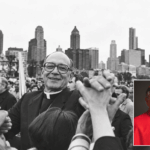 Bernardin tra la folla sotto lo skyline di Chicago